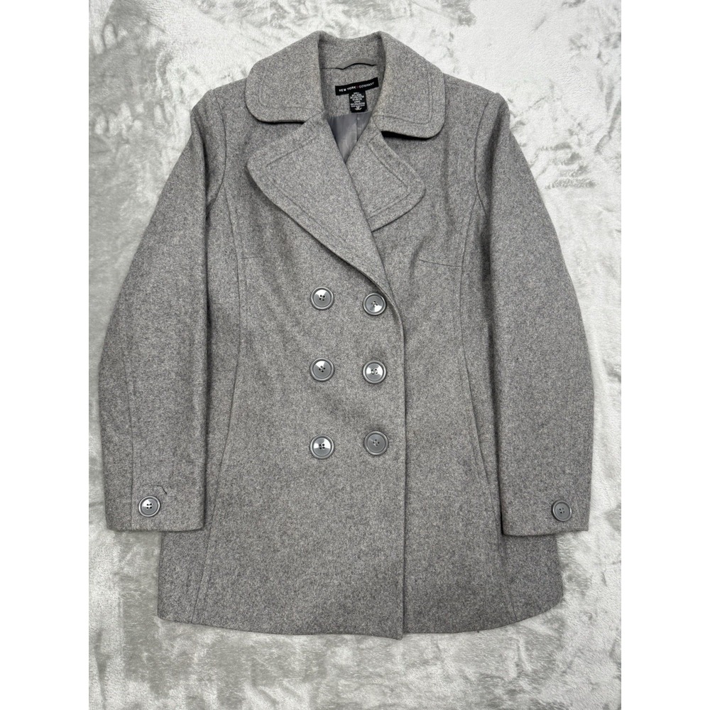 Vintage 90s New York Co Gray Wool Peacoat Womens 12 Double Breasted Jacket Y2K